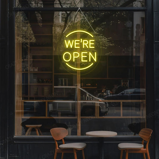 Open LED neon sign for business, bright white light, modern decor.
