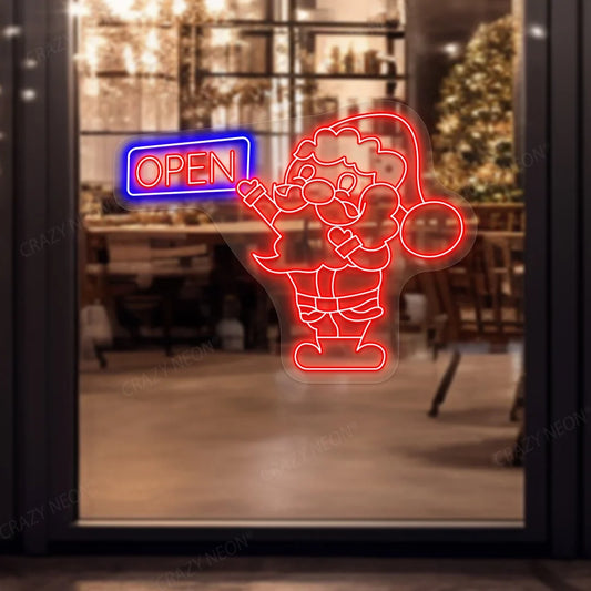 Santa Claus Open neon sign, festive Christmas decor. Image 2 of 9.