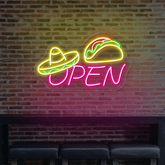 Sombrero Hat With Taco Open Neon Sign