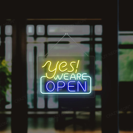 Open neon sign for business, bright LED light, storefront display, modern, energy-efficient.