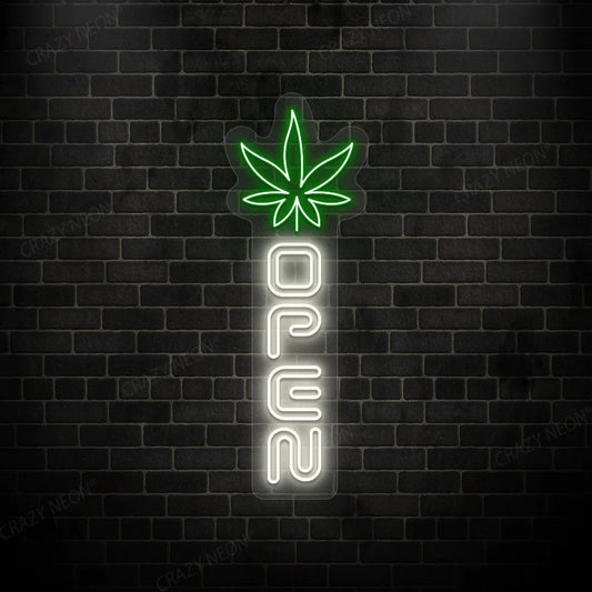 Weed leaf open LED neon sign for cannabis shop decor, illuminated green, product 2 of 11.