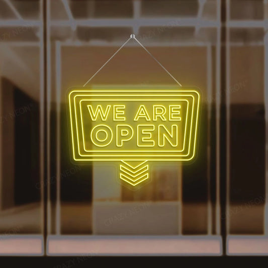 Open neon sign, downward arrow. Business decor, bright LED light. Image 2 of 16.