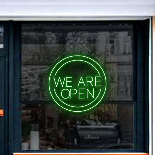 We Are Open Neon Sign in Circle