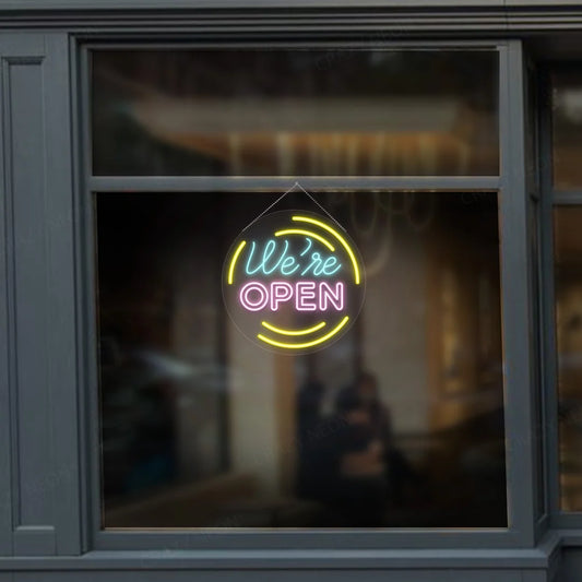 Bright LED "Open" sign for business, glowing blue, mounted on a wall. Product 2 of 10.