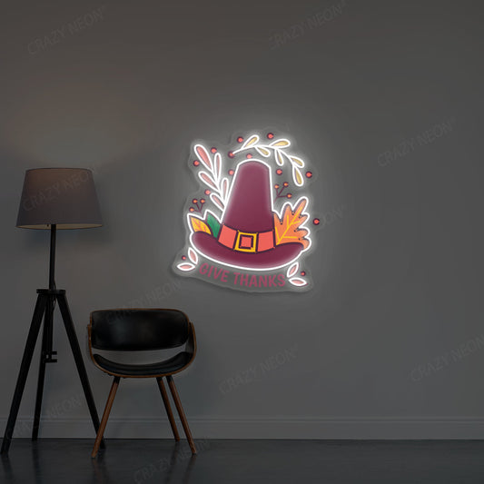 Pilgrim Hat Give Thanks Neon Sign