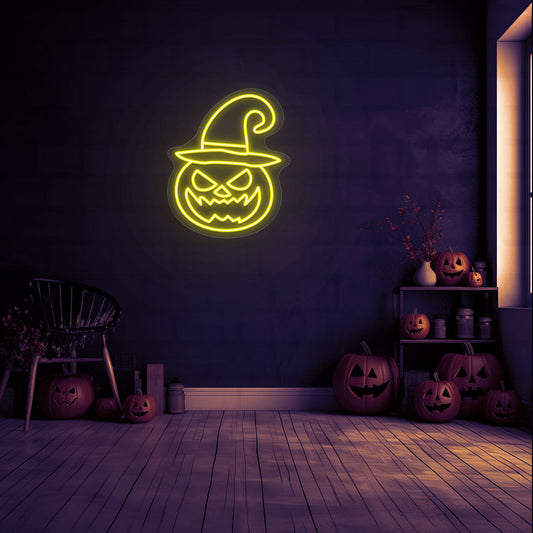 Angry Pumpkin With Hat Neon Sign
