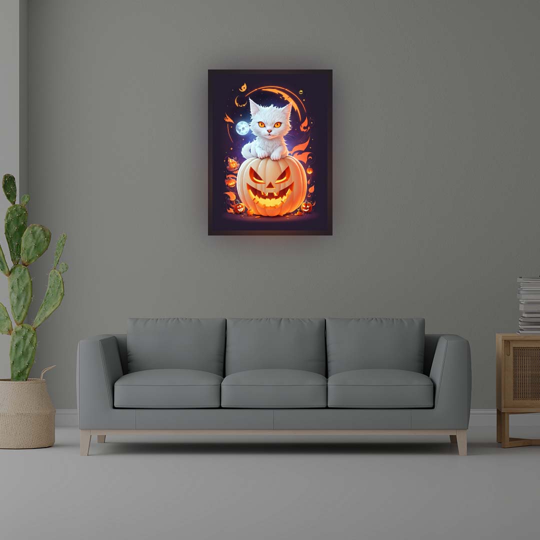 Cat On Pumpkin Illuminated Sign