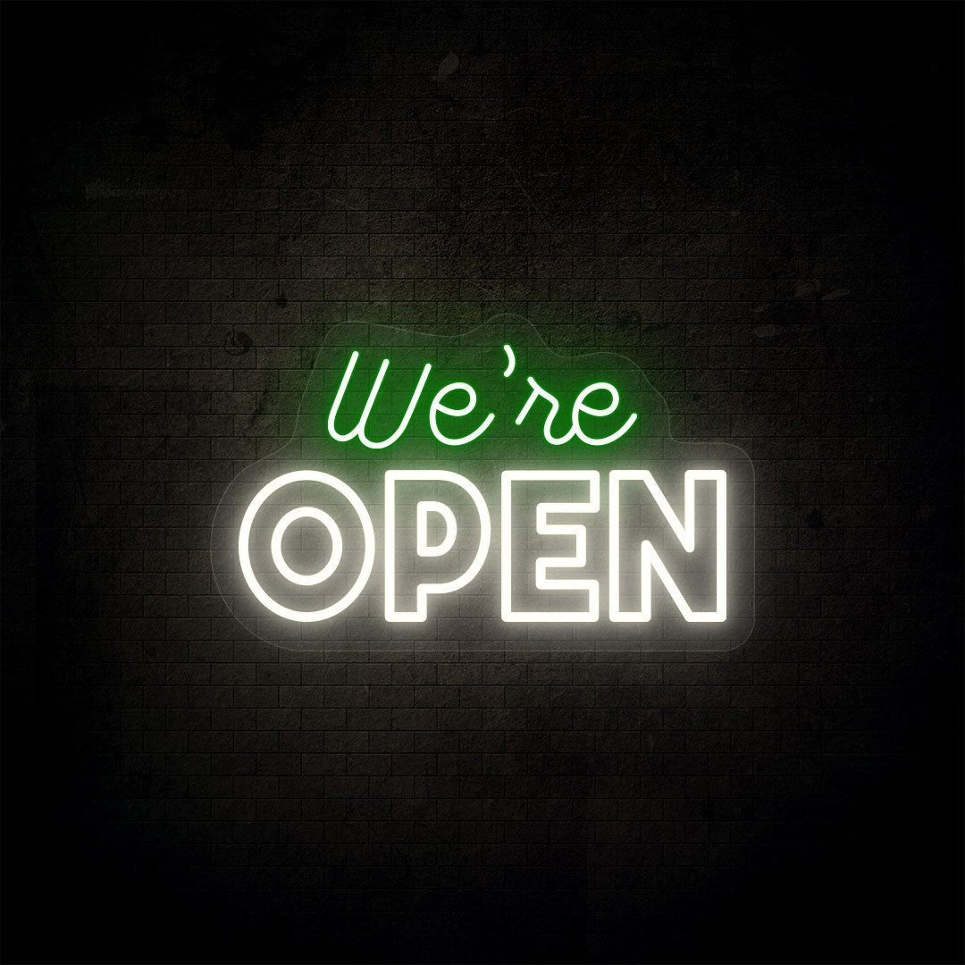 Vibrant LED "Open" neon sign, bright business display. Image 9 of 10.