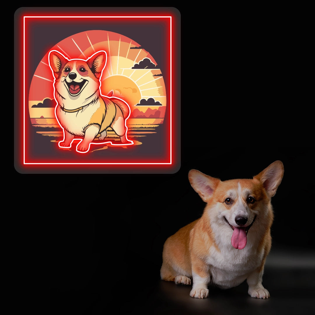 Smiling Corgi Sunset Portrait Neon Artwork Sign