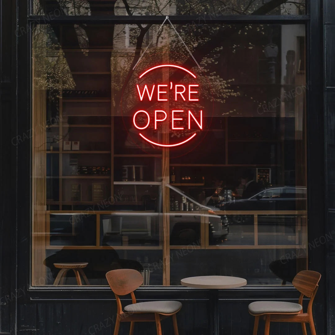 Bright LED "Open" sign for business, vibrant light decor.