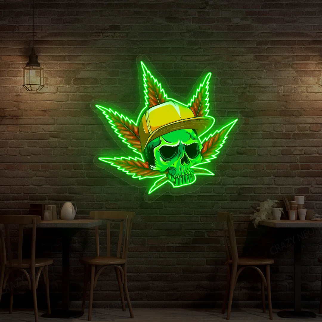 Skull Cap Weed Leaf Neon Artwork Sign