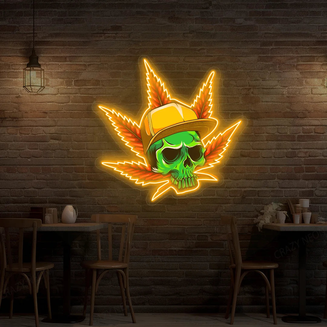 Skull Cap Weed Leaf Neon Artwork Sign