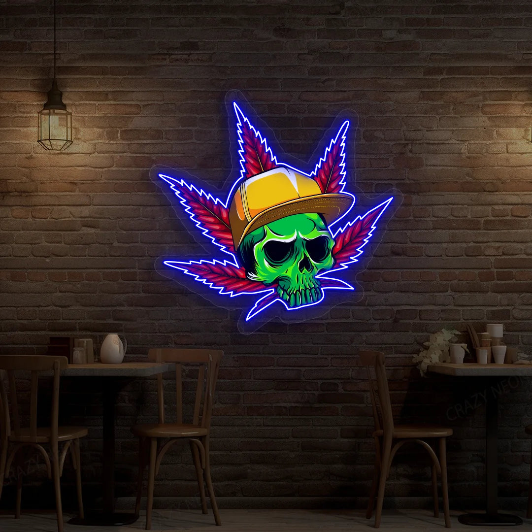 Skull Cap Weed Leaf Neon Artwork Sign