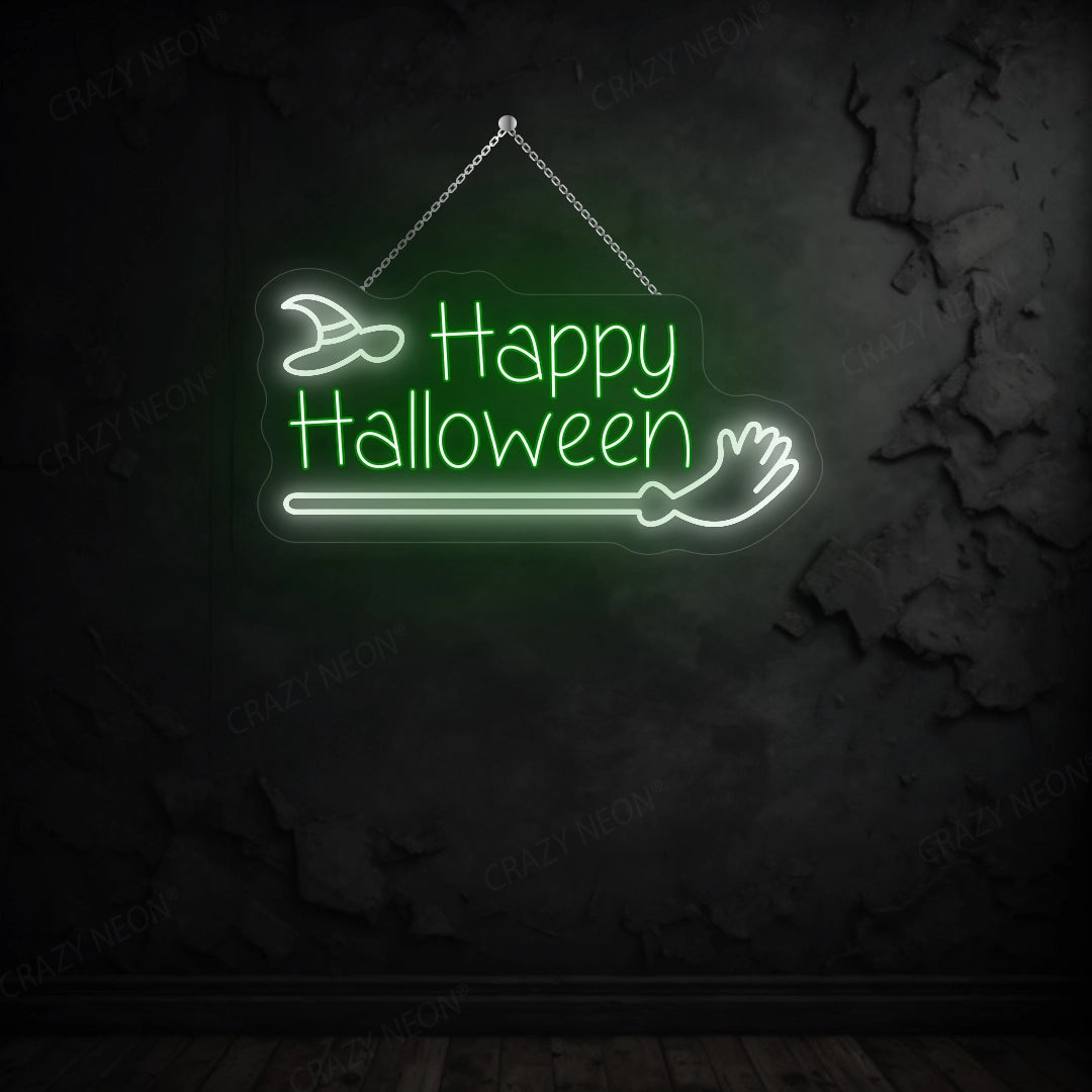 Happy Halloween with Broom Stick LED Neon Sign