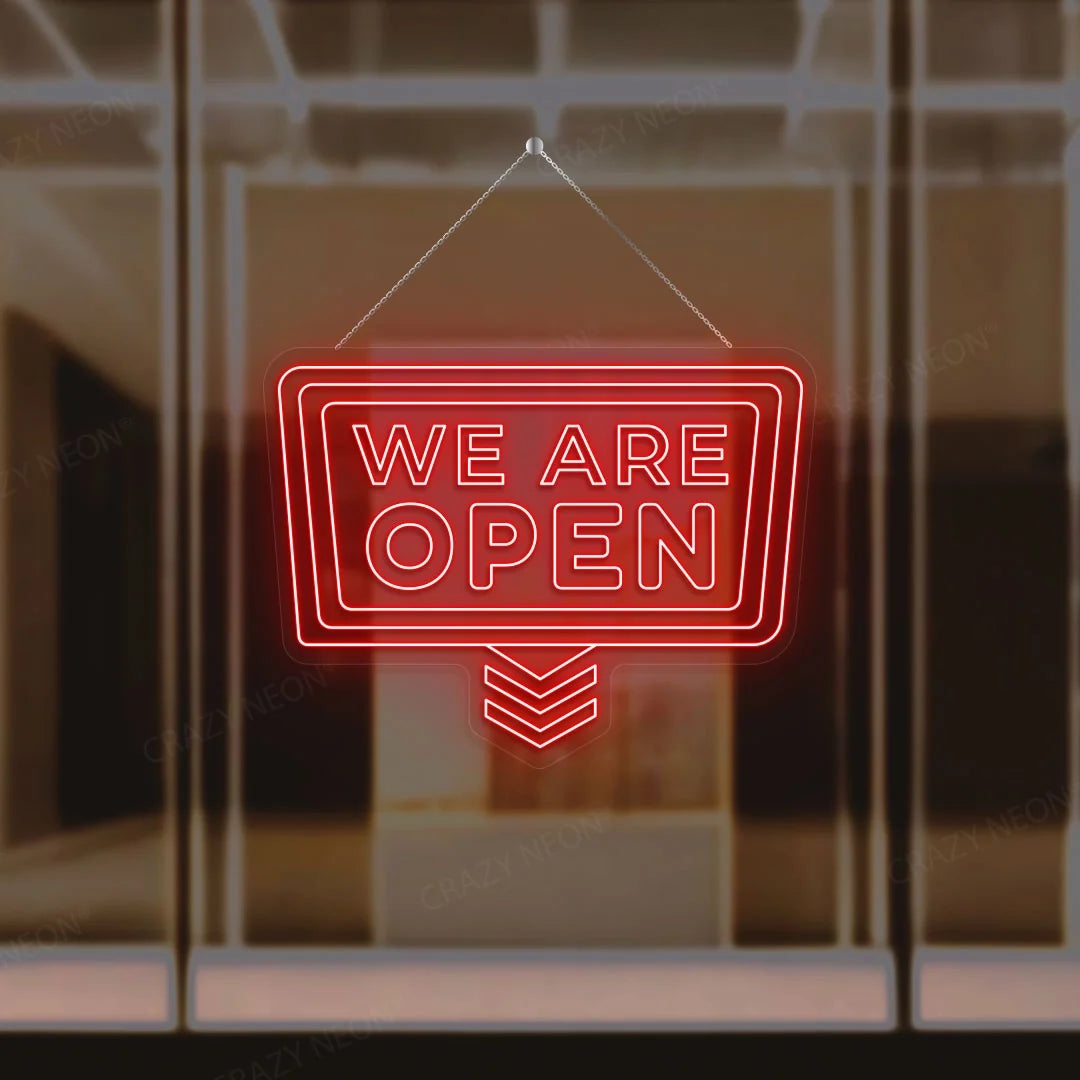 Open neon arrow sign, downward pointing. Business decor, position 16 of 16.