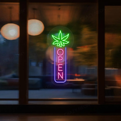 Weed Leaf Vertical Open Neon Sign