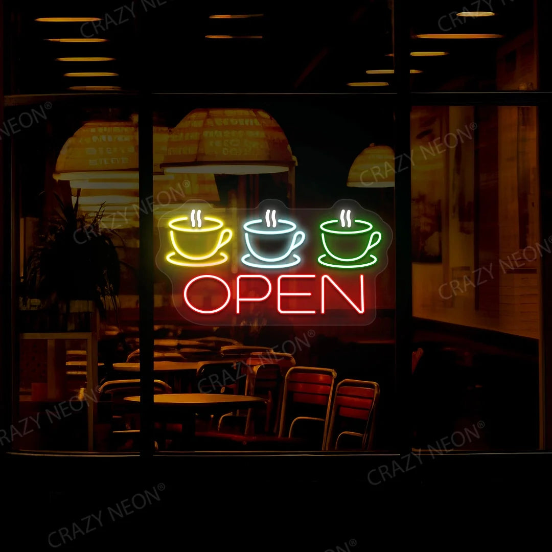 Coffee cup open LED sign, shop decor, illuminated business light.
