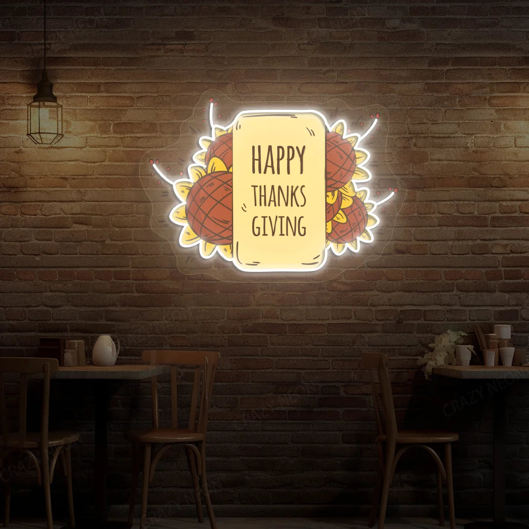 Happy Thanksgiving Sunflower Neon Sign