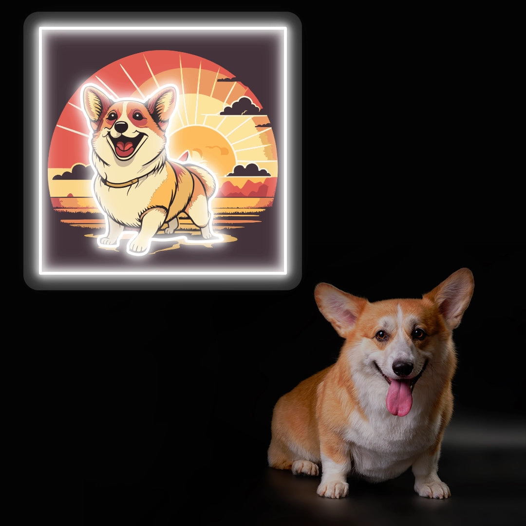 Smiling Corgi Sunset Portrait Neon Artwork Sign