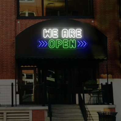 We Are Open Neon Sign with Horizontal Arrow-Multicolor