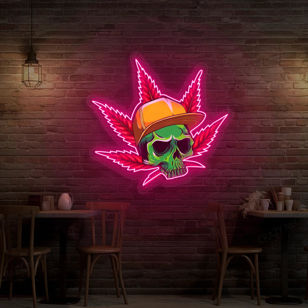 Skull Cap Weed Leaf Neon Artwork Sign
