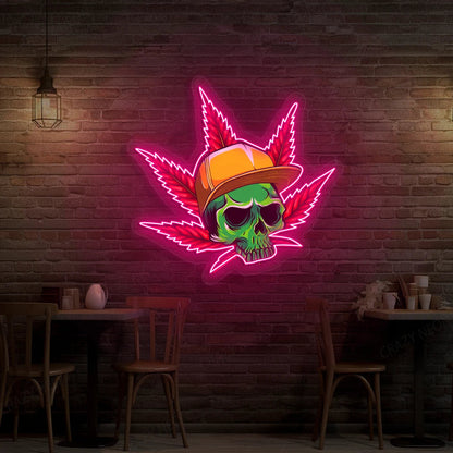Skull Cap Weed Leaf Neon Artwork Sign