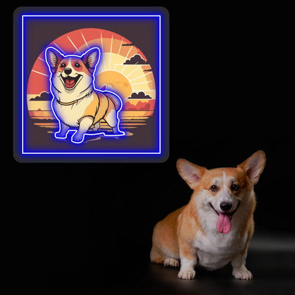 Smiling Corgi Sunset Portrait Neon Artwork Sign