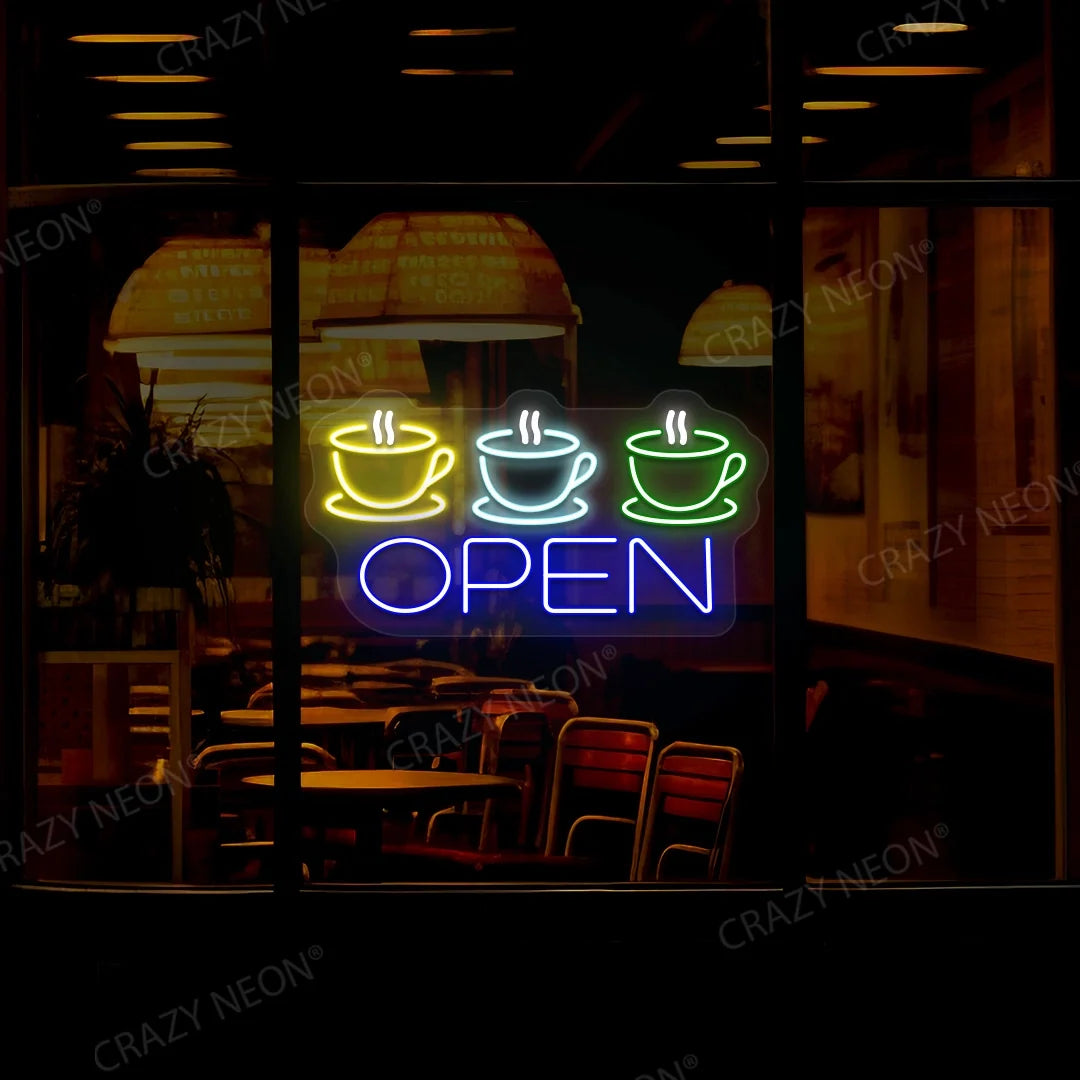 Coffee cup open LED sign, shop decor, illuminated cafe sign, business lighting, ninth image.