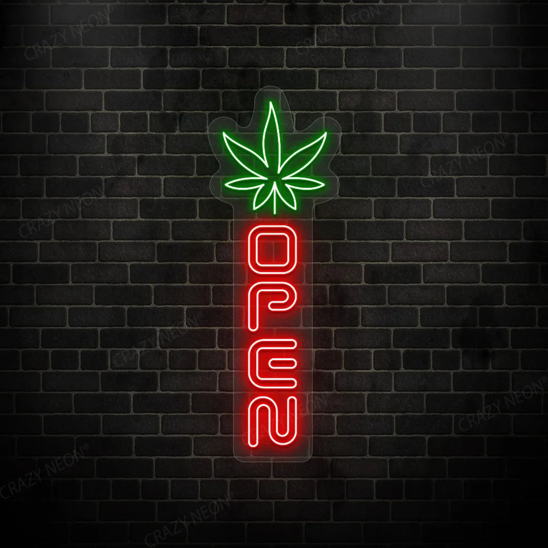 Neon LED sign, weed leaf design, open for business, cannabis shop decor, bright green, cannabis dispensary lighting.