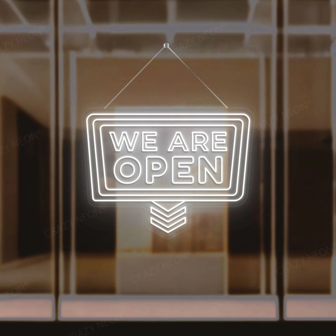Downward arrow open neon sign, business decor, bright LED, modern storefront. Image 15 of 16.