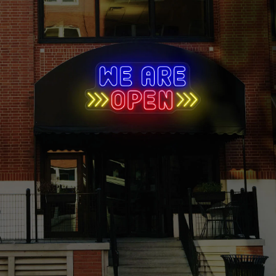 We Are Open Neon Sign with Horizontal Arrow-Multicolor