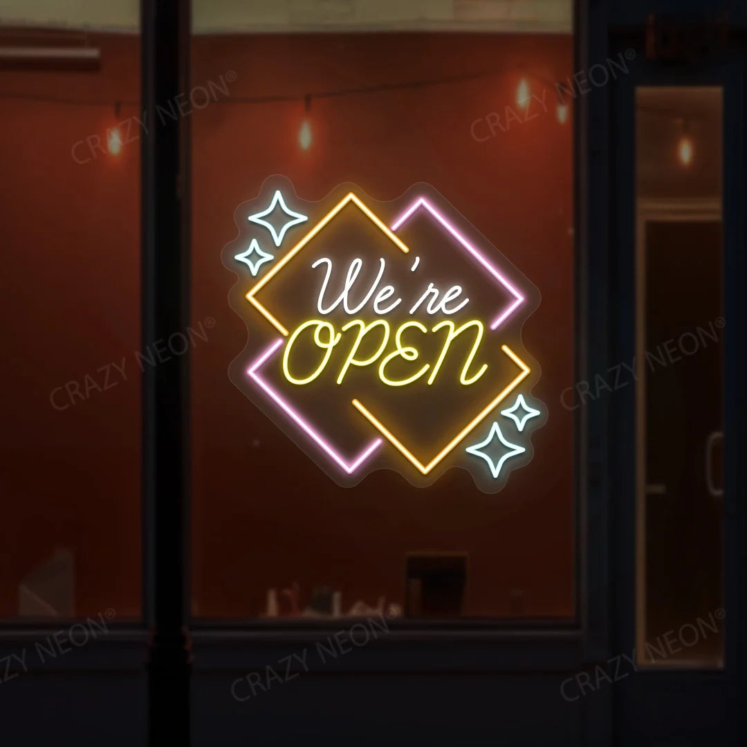 Open LED neon sign for vibrant shop & business decor, hanging in a storefront window, 10 of 10.