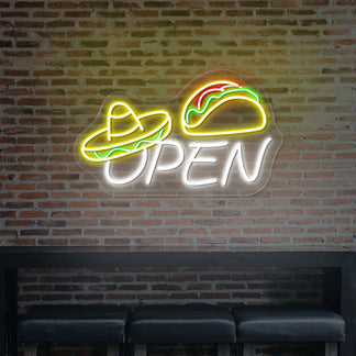 Sombrero Hat With Taco Open Neon Sign