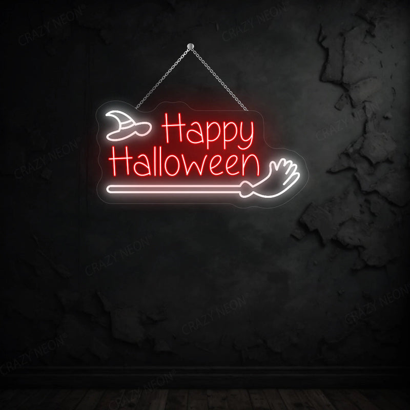 Happy Halloween with Broom Stick LED Neon Sign