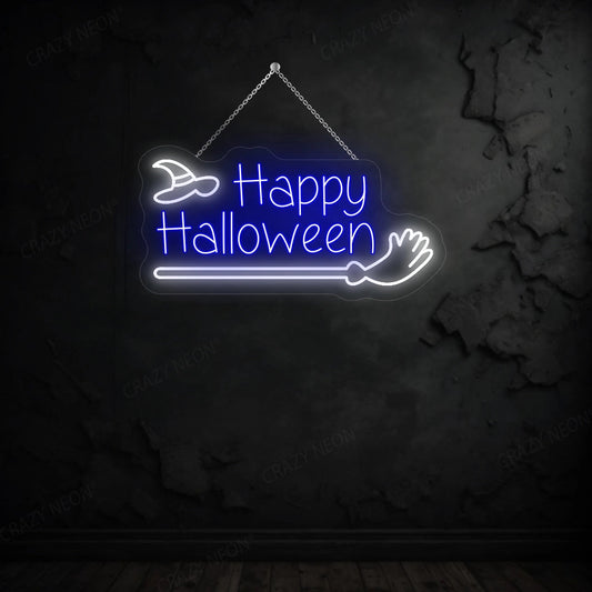 Happy Halloween with Broom Stick LED Neon Sign