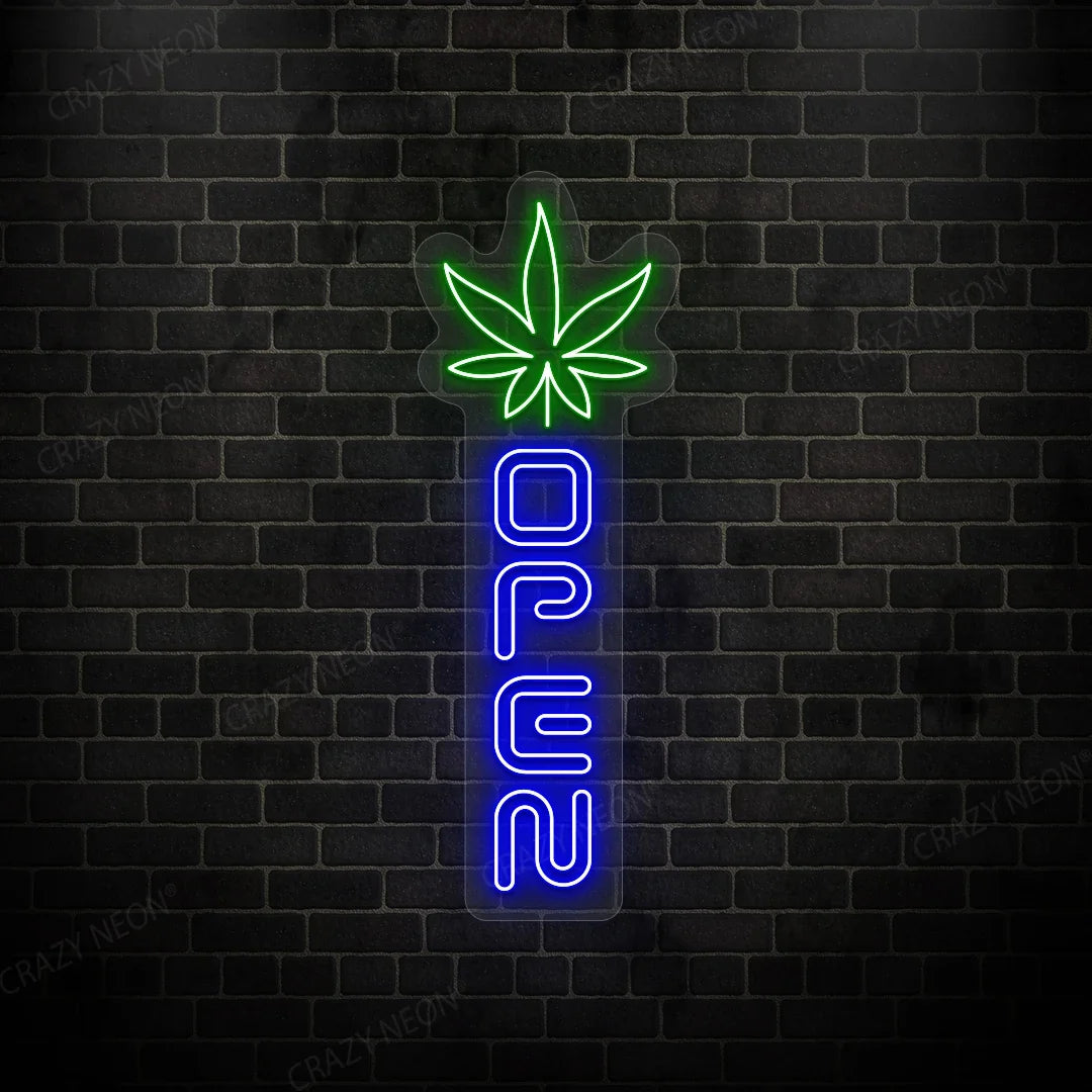 Weed leaf open LED neon sign for cannabis shop decor, vibrant green glow, position 11 of 11.