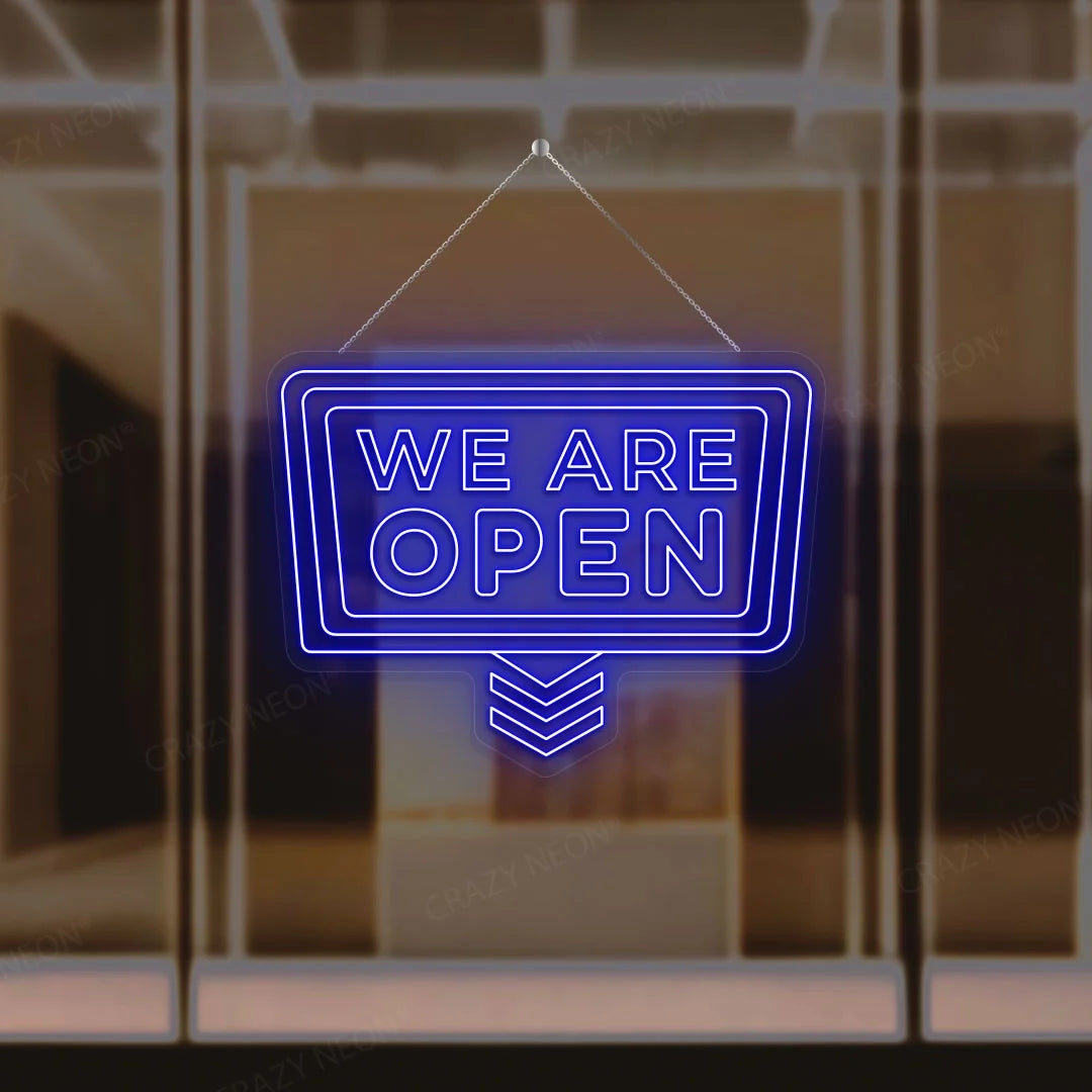 Downward arrow open neon sign, bright LED business decor, image 14 of 16.