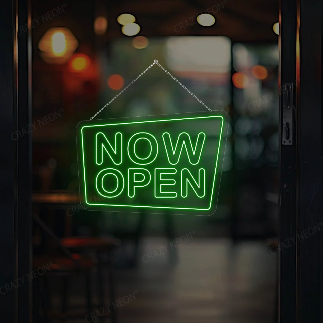 Now Open LED sign, vibrant neon light for business storefront, ready to hang, image 15 of 16.