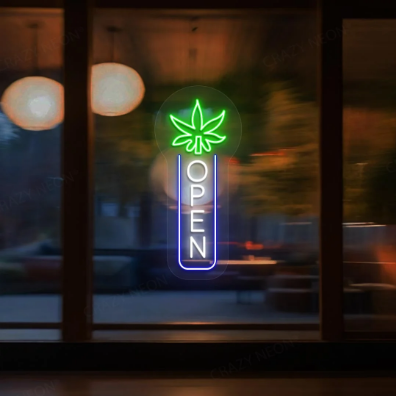 Weed Leaf Vertical Open Neon Sign