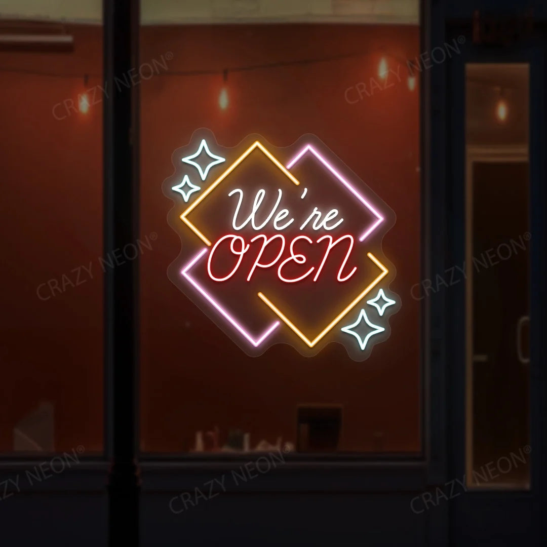 Open LED neon sign for shop & business decor, vibrant blue & red glow, modern storefront visibility.