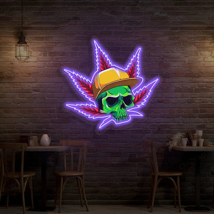 Skull Cap Weed Leaf Neon Artwork Sign