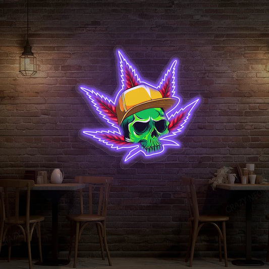 Skull Cap Weed Leaf Neon Artwork Sign