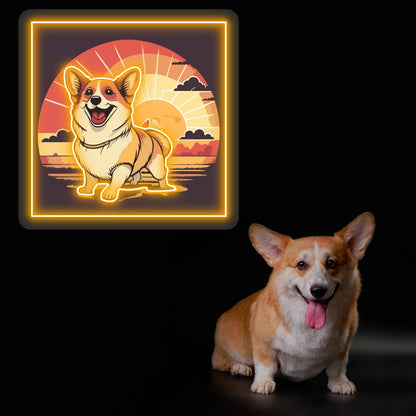 Smiling Corgi Sunset Portrait Neon Artwork Sign