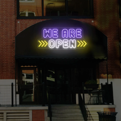 We Are Open Neon Sign with Horizontal Arrow-Multicolor