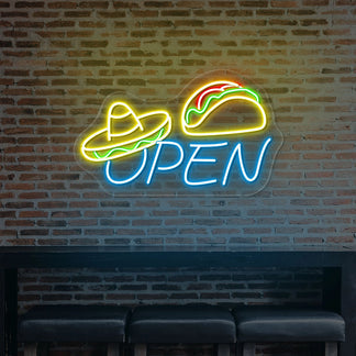 Sombrero Hat With Taco Open Neon Sign