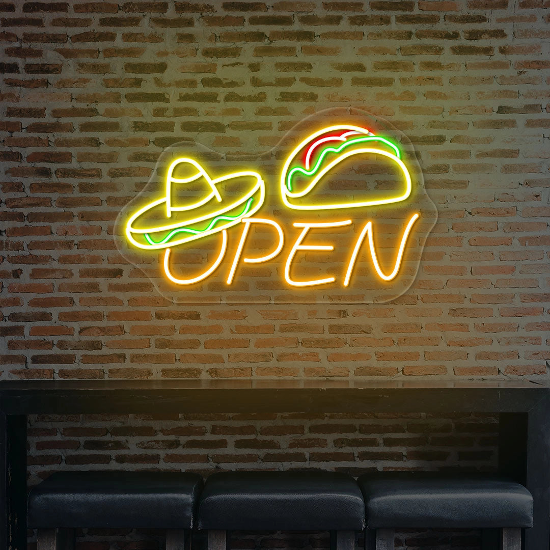 Sombrero Hat With Taco Open Neon Sign