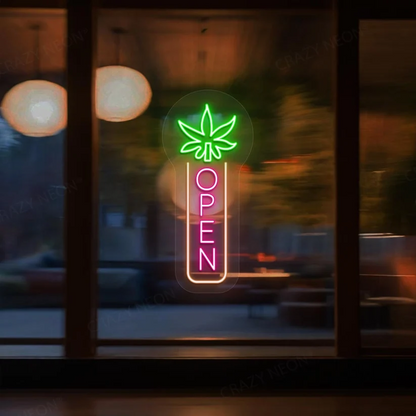 Weed Leaf Vertical Open Neon Sign