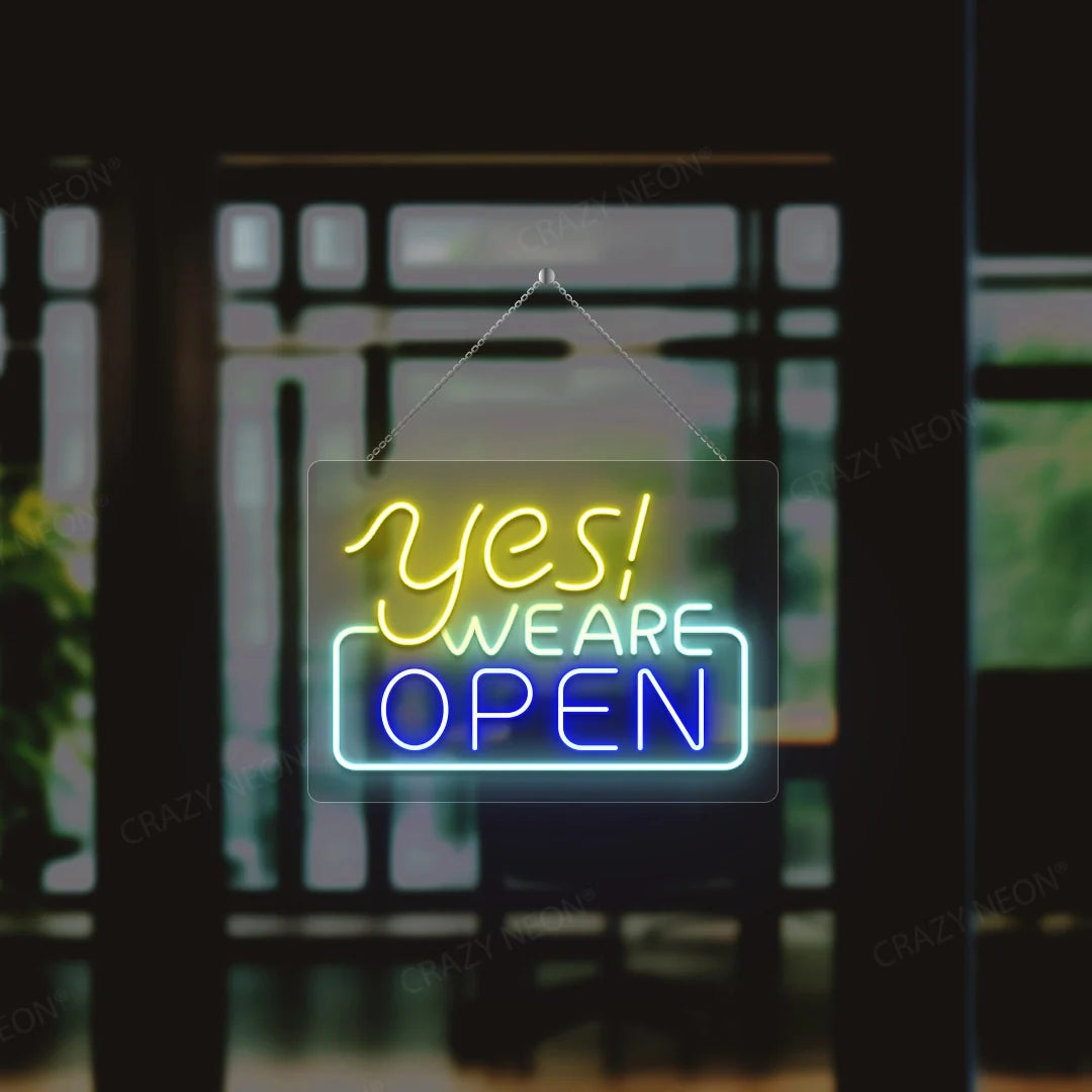 Open neon sign for business, bright LED light, storefront display, modern, energy-efficient.