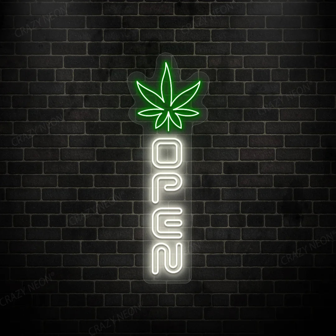 Weed leaf open LED neon sign for cannabis shop decor, illuminated green, product 2 of 11.