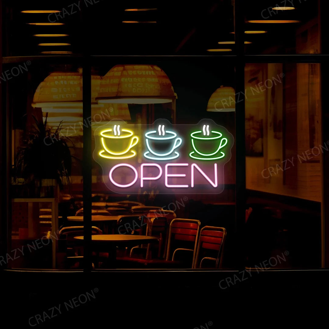 Coffee cup open LED sign for shop decor, bright and inviting.